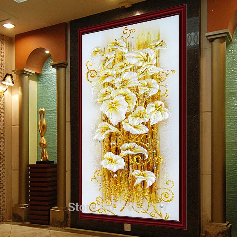 새 백합 꽃 다이아몬드 자 수 크리스탈 다이아몬드 그림 크로스 스티치 밝은 라운드 세로 인쇄 그림 캔버스 130X70 cm